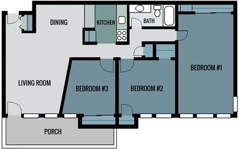 Floor plan for 3 beds, 2 baths, 1250 sqft